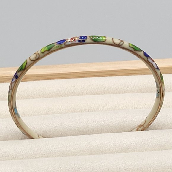 Cloisonne Thin Floral Bangle Bracelet Light Green Enamel Vintage 8 in - Picture 1 of 4